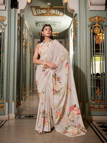 Off - White Subtle Bloom YF Saree - Indian Dress House 786