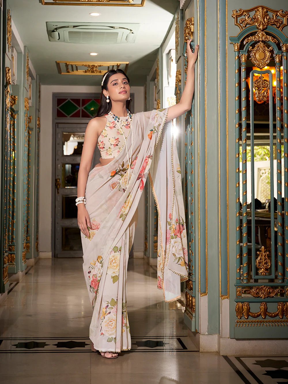 Off - White Subtle Bloom YF Saree - Indian Dress House 786