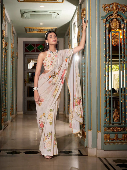 Off - White Subtle Bloom YF Saree - Indian Dress House 786