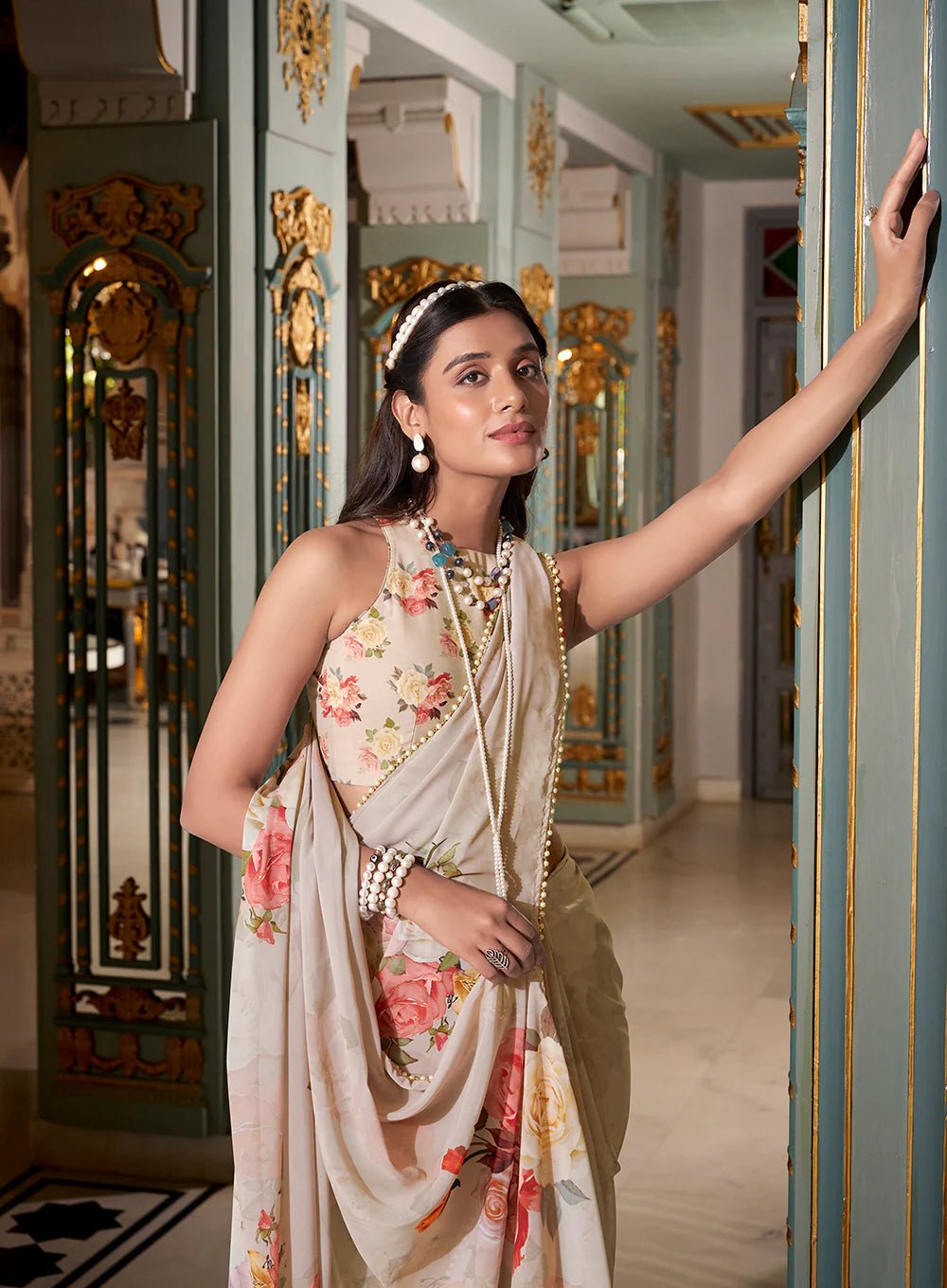 Off - White Subtle Bloom YF Saree - Indian Dress House 786