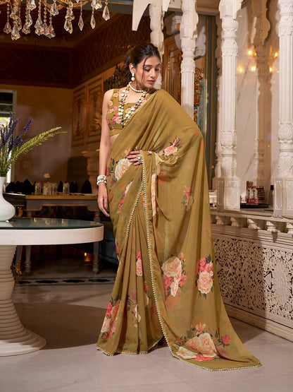 Olive Brown Floral Elegance YF Saree - Indian Dress House 786