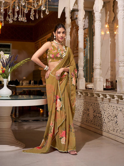 Olive Brown Floral Elegance YF Saree - Indian Dress House 786