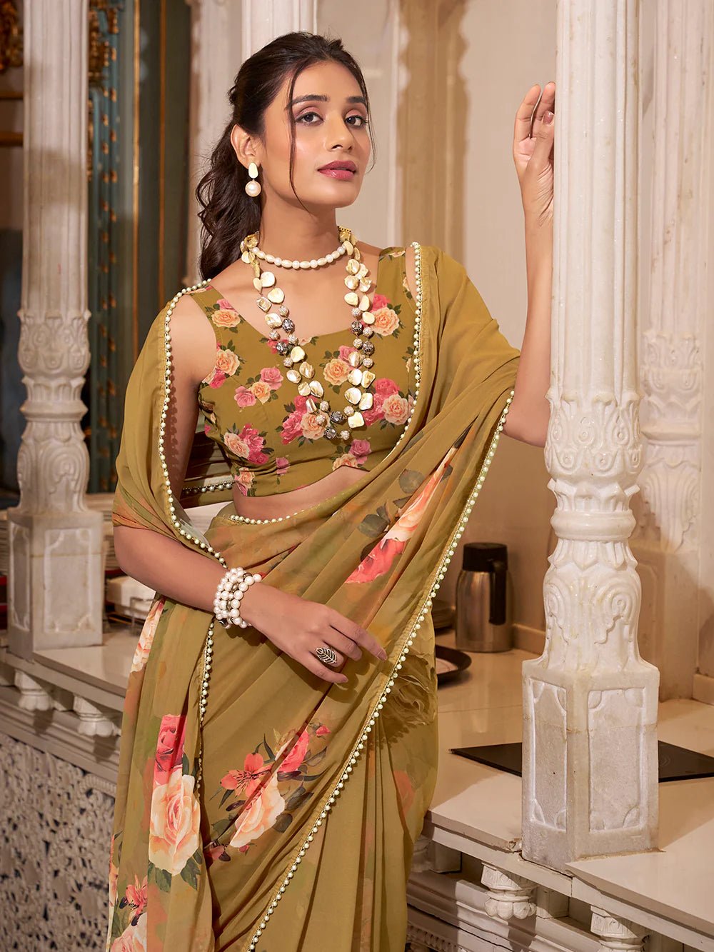 Olive Brown Floral Elegance YF Saree - Indian Dress House 786