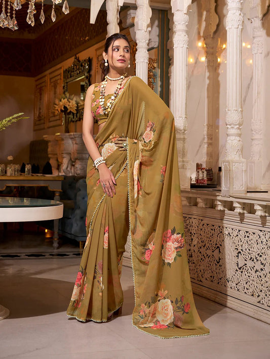 Olive Brown Floral Elegance YF Saree - Indian Dress House 786