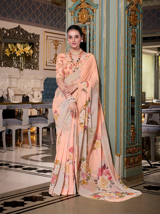 Pastel Peach Garden YF Saree - Indian Dress House 786