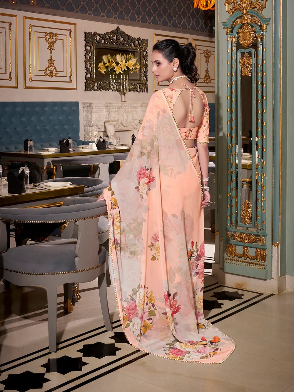 Pastel Peach Garden YF Saree - Indian Dress House 786