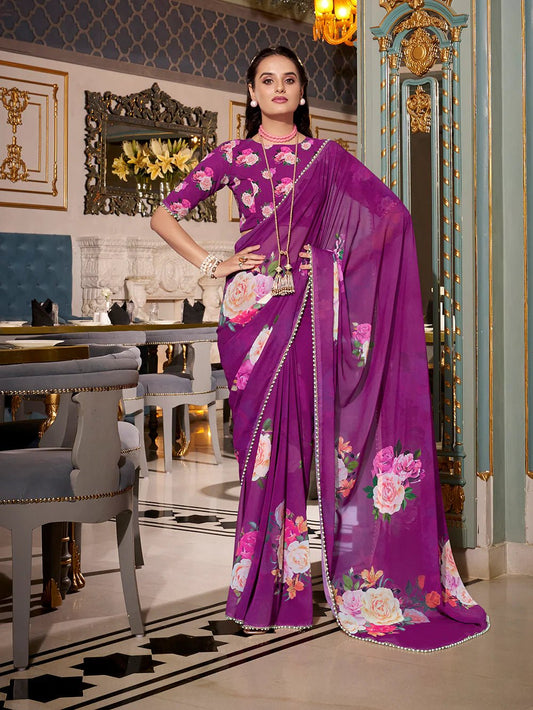 Plum Radiance Floral YF Saree - Indian Dress House 786
