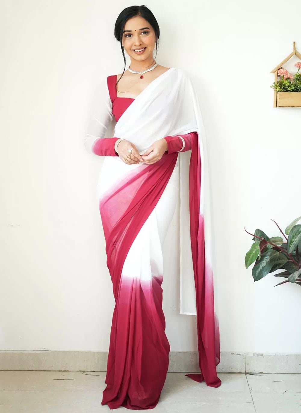 Rani and White Saree - Indian Dress House 786