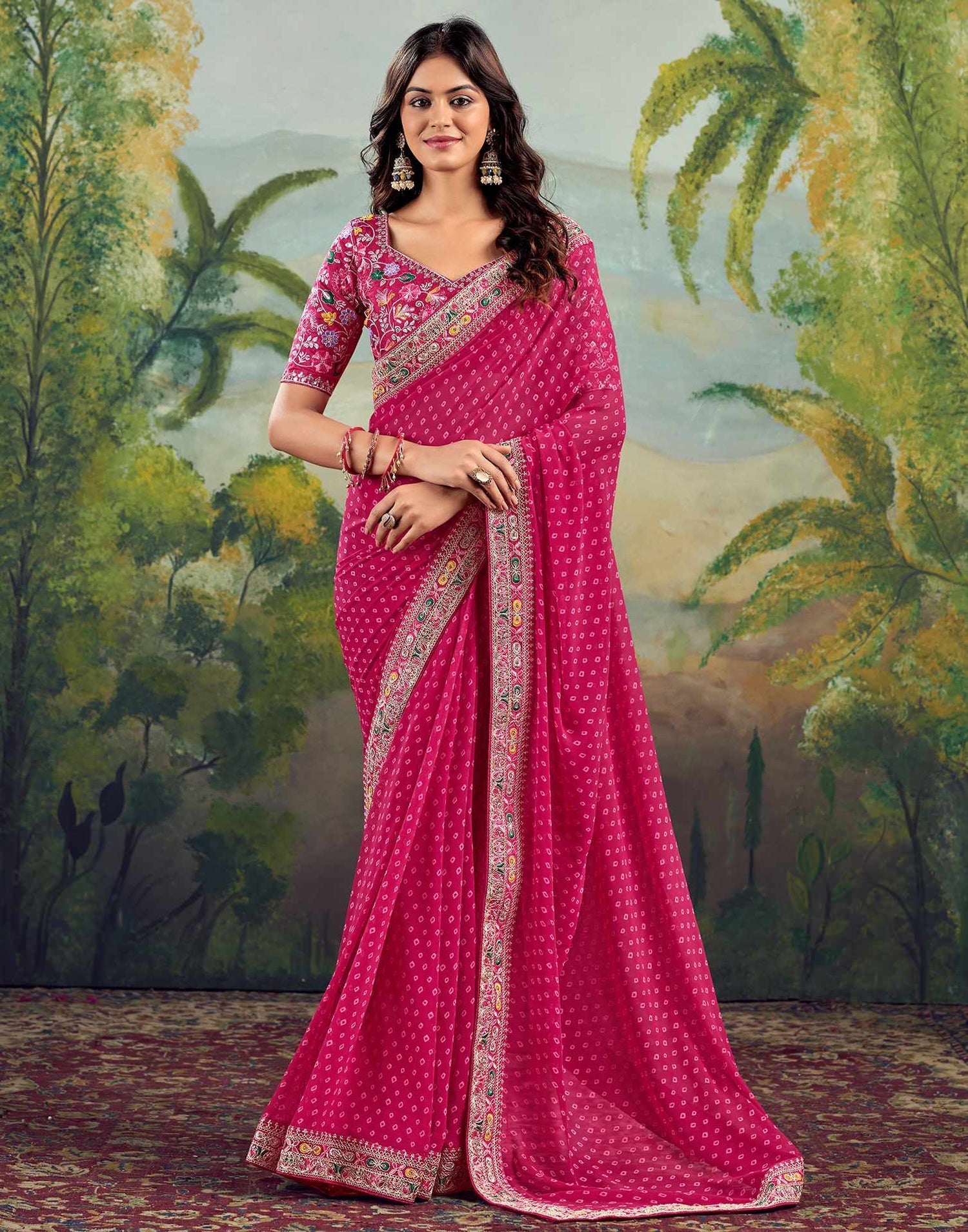 Rani Pink Bhandani STR Saree - Indian Dress House 786