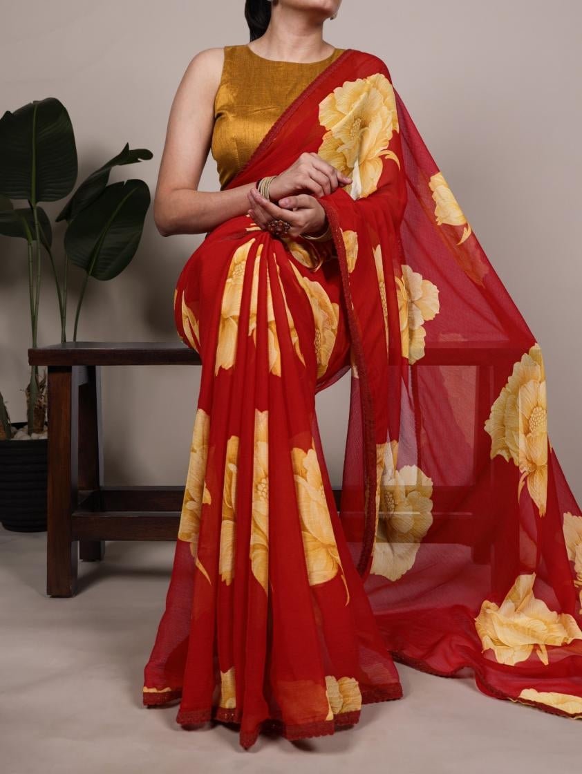 Red & Yellow Floral YNF Saree - Indian Dress House 786