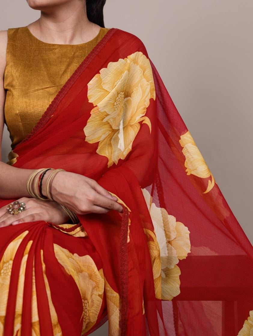 Red & Yellow Floral YNF Saree - Indian Dress House 786
