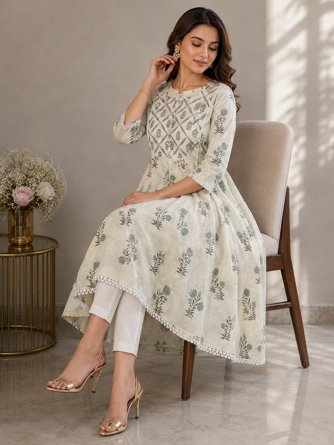 Elegant Floral Green Off White NK FVD