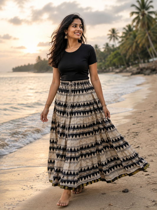 Unique Striped Geo Beige & Black Skirt