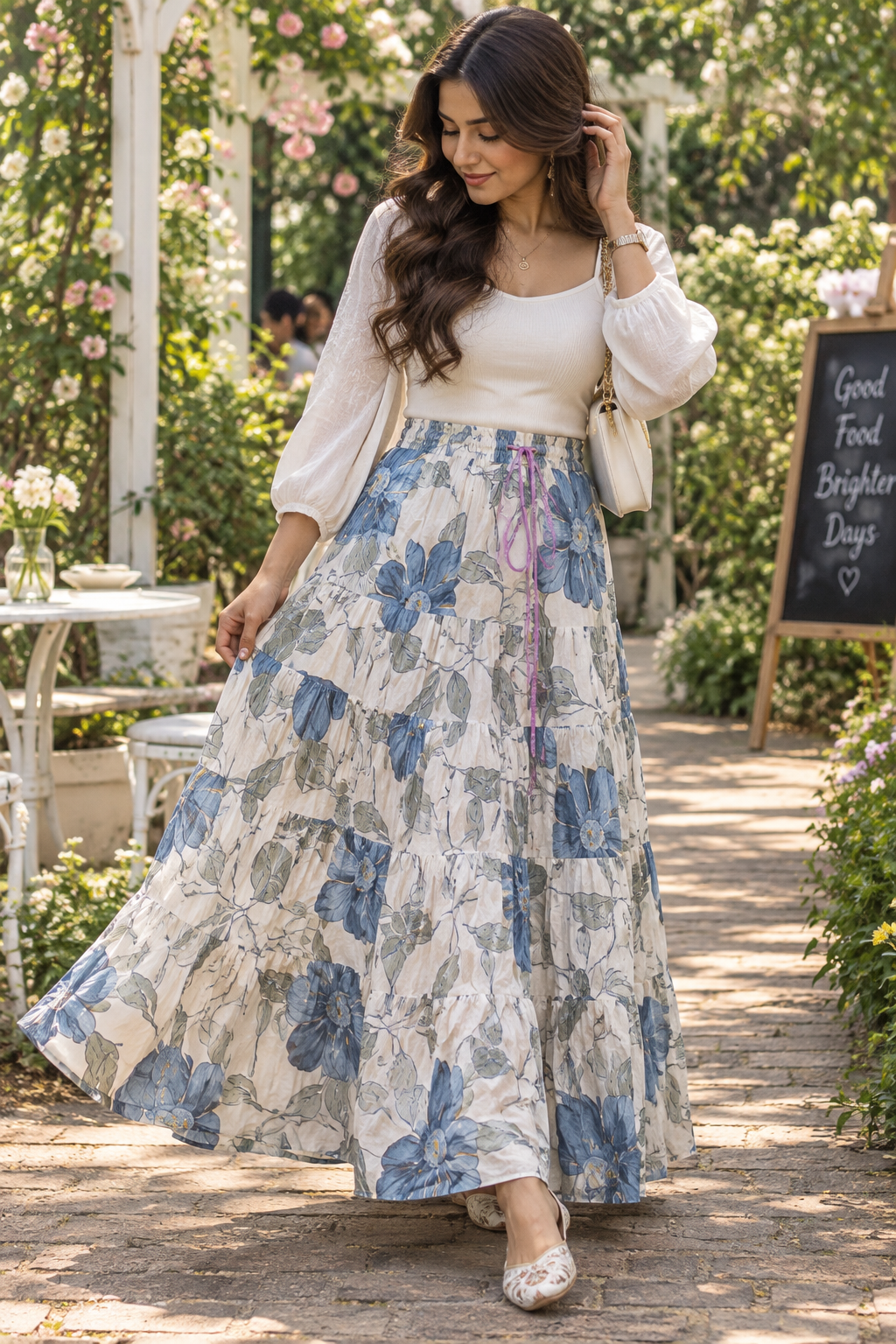 Elegant White & Blue Floral Skirt