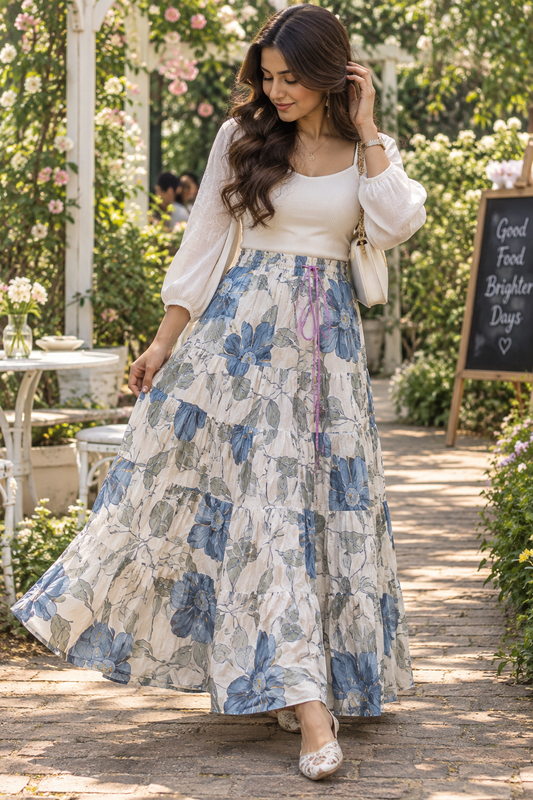 Elegant White & Blue Floral Skirt