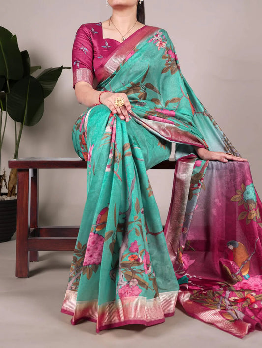 Sea Green Floral T YNF Saree - Indian Dress House 786