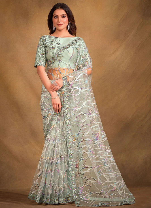 Sea Green Pastel Embroided MM 43609 SAREE - Indian Dress House 786