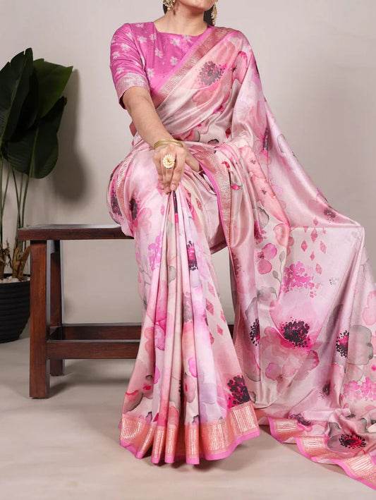 Soft Pastel Pink Floral TYNF Saree - Indian Dress House 786