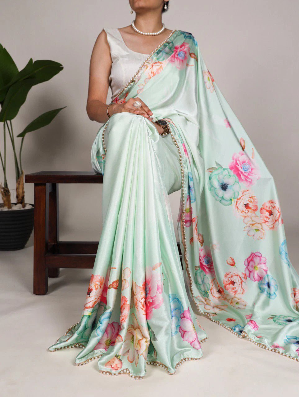 Soft Pastel Sea Green Floral BTS SAREE - Indian Dress House 786