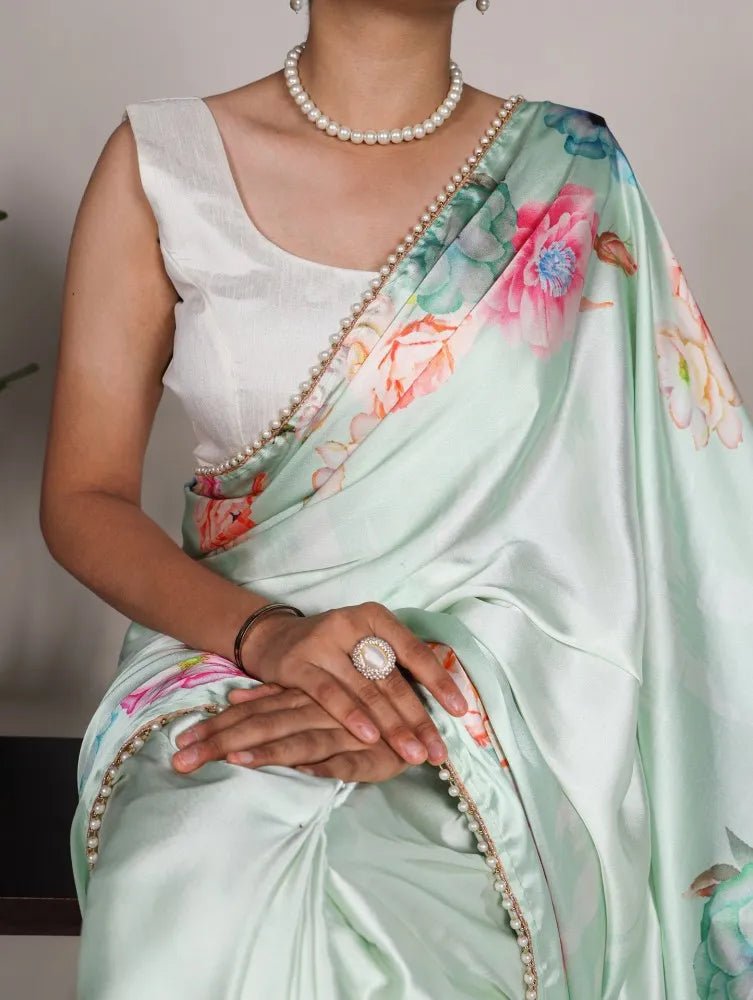 Soft Pastel Sea Green Floral BTS Saree - Indian Dress House 786