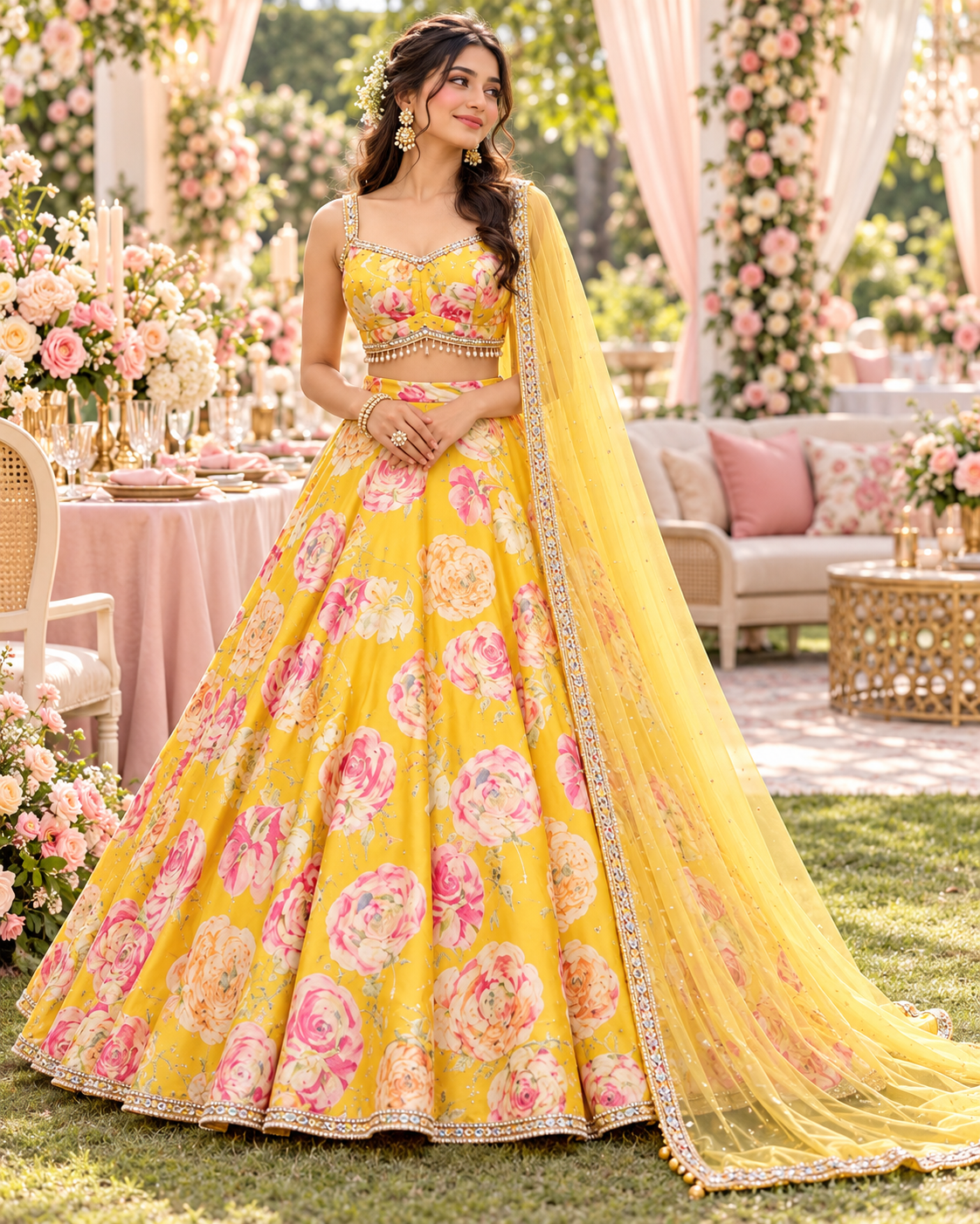 Soft Yellow & Pink Floral DPL - Indian Dress House 786