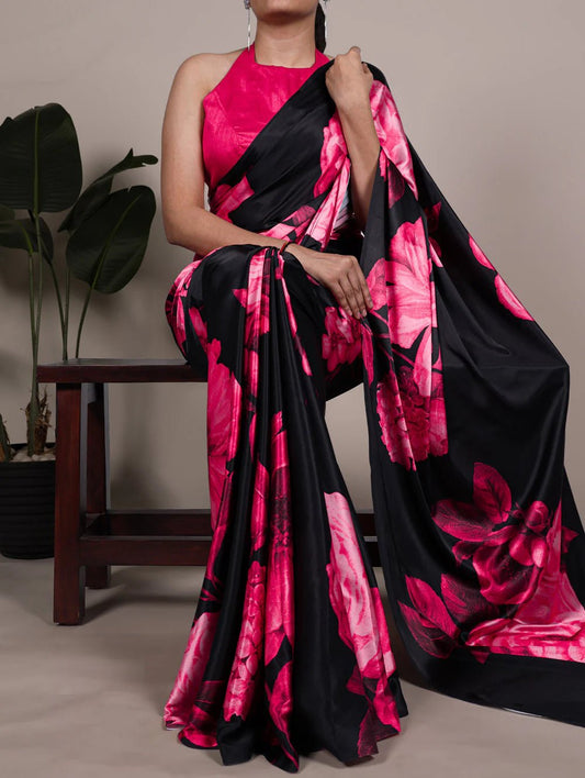 Striking Floral Pink & Black YNF Saree - Indian Dress House 786