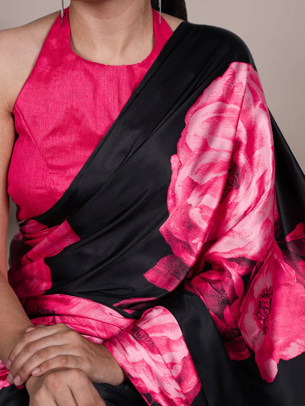 Striking Floral Pink & Black YNF Saree - Indian Dress House 786