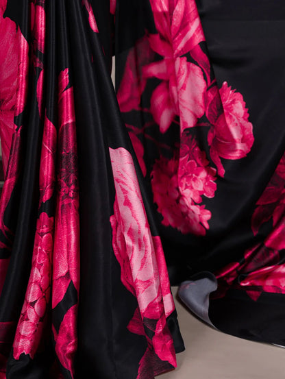 Striking Floral Pink & Black YNF Saree - Indian Dress House 786