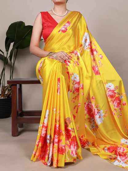 Striking Yellow Floral YF Saree - Indian Dress House 786