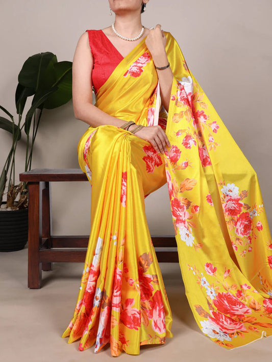 Striking Yellow Floral YF Saree - Indian Dress House 786