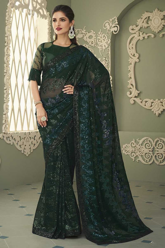 Stunnign Green Sequined TFHS Saree - Indian Dress House 786