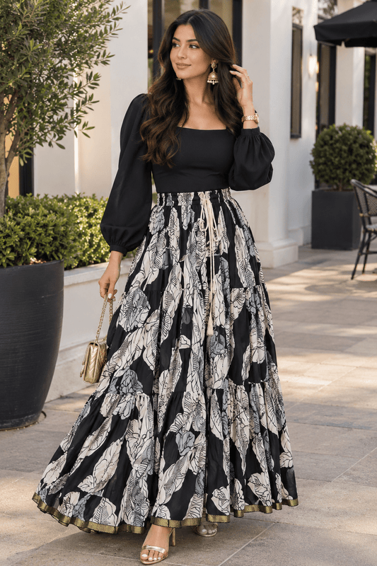 Stunning Abstract Floral Black & White Blue Skirt - Indian Dress House 786