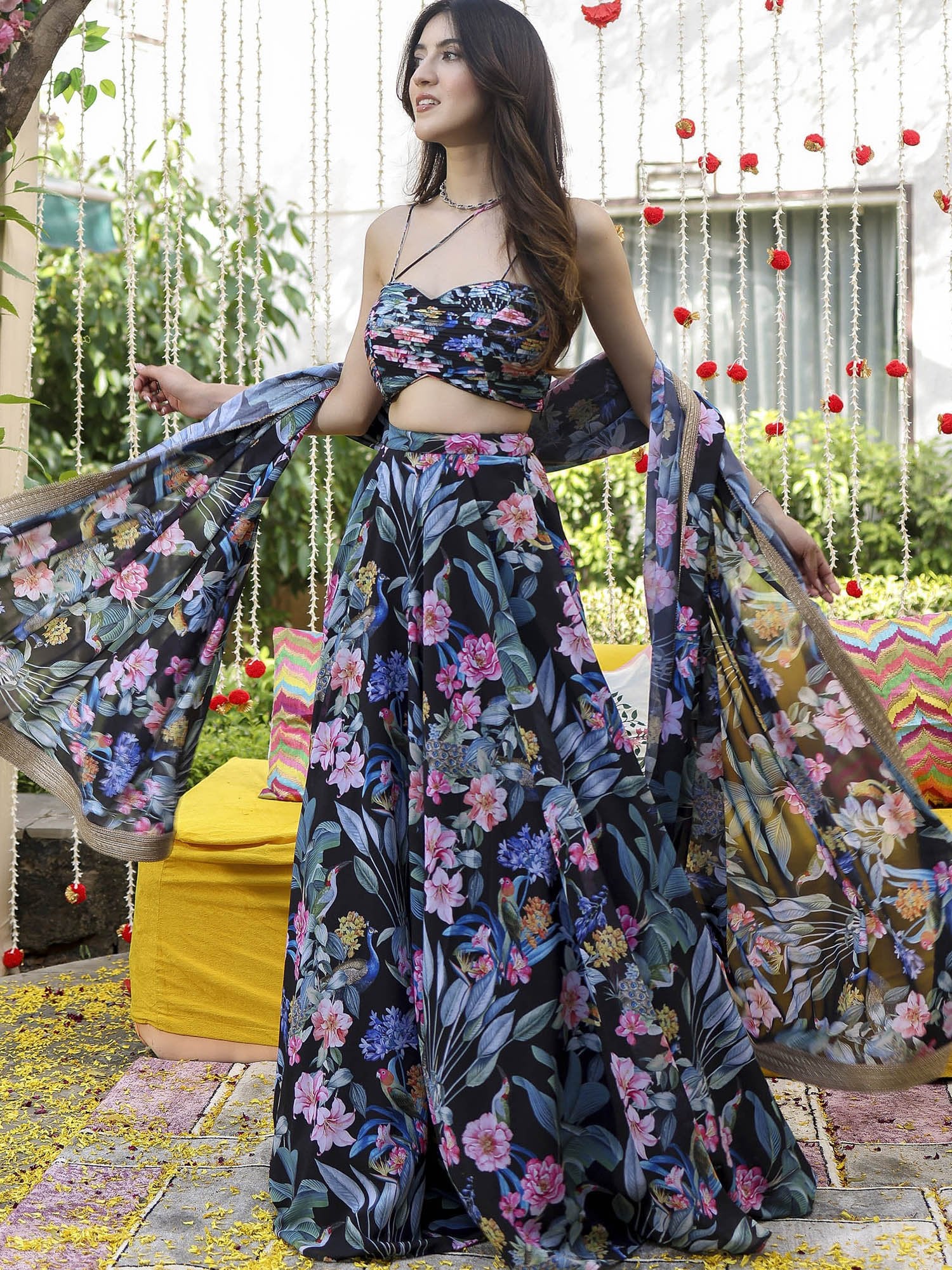 Stunning Black Floral Blue & Pink JGL - Indian Dress House 786