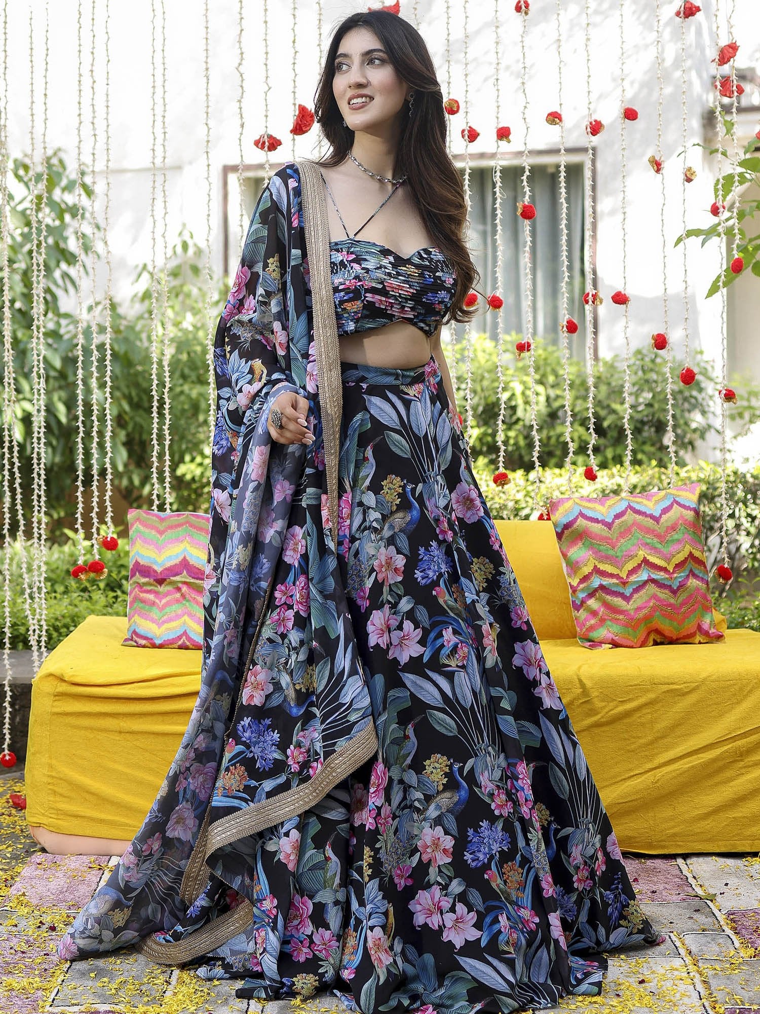 Stunning Black Floral Blue & Pink JGL - Indian Dress House 786