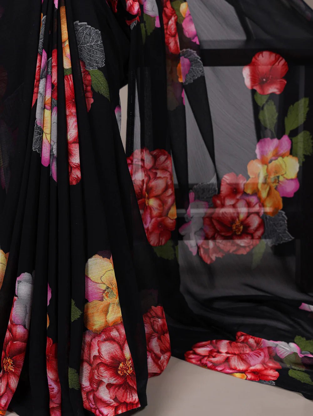 Stunning Black Floral YNF Saree - Indian Dress House 786