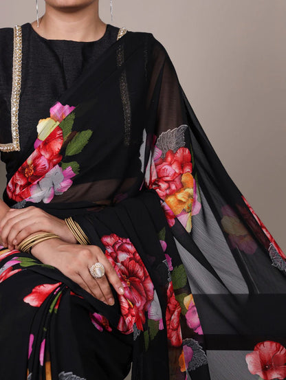 Stunning Black Floral YNF Saree - Indian Dress House 786