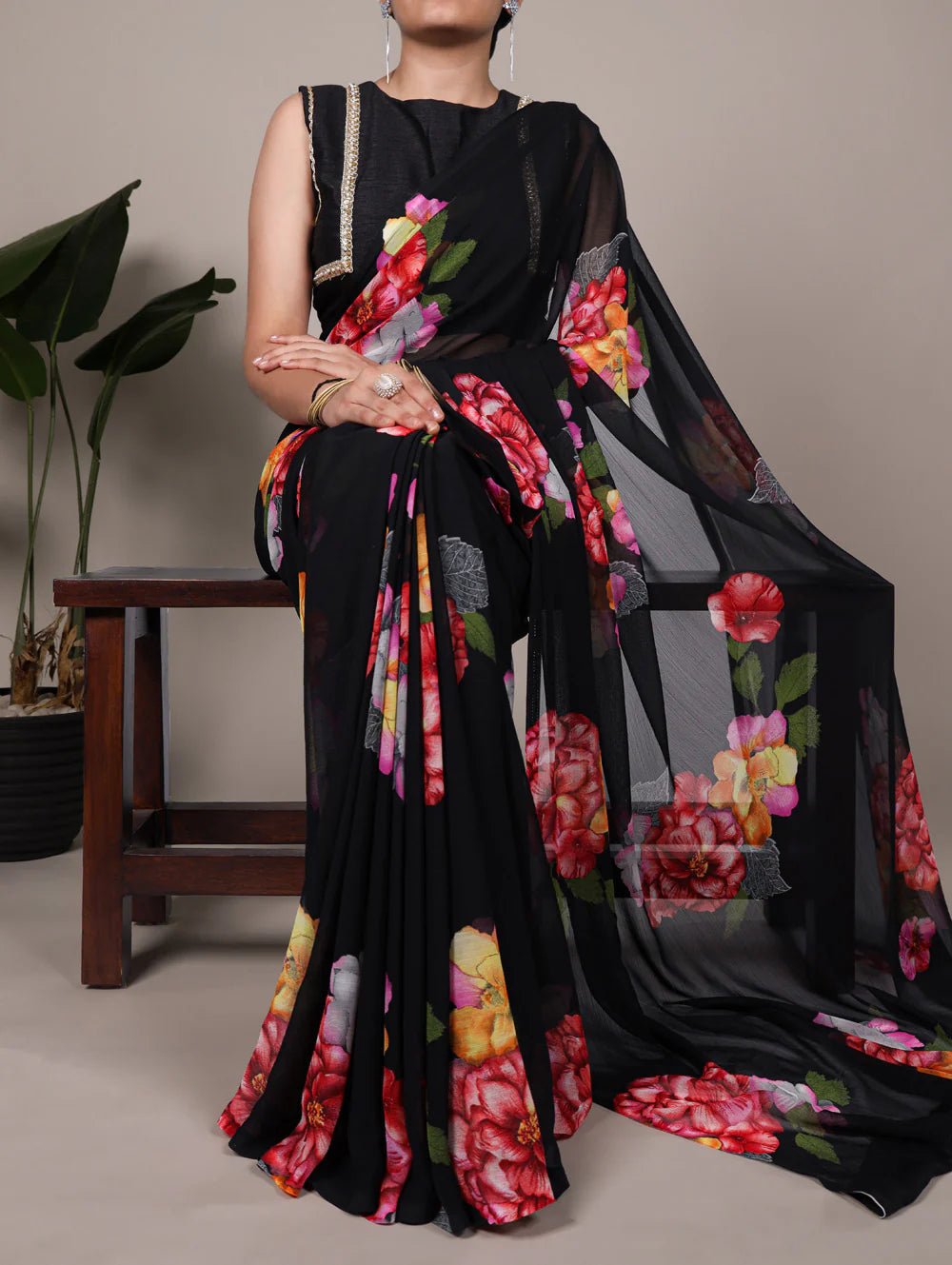 Stunning Black Floral YNF Saree - Indian Dress House 786