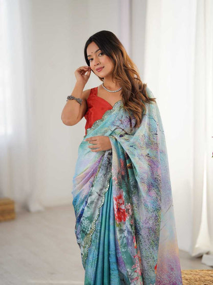 Stunning Blue Floral KES Saree - Indian Dress House 786