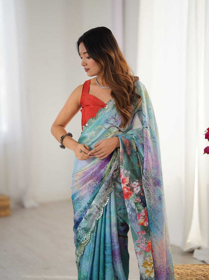 Stunning Blue Floral KES Saree - Indian Dress House 786
