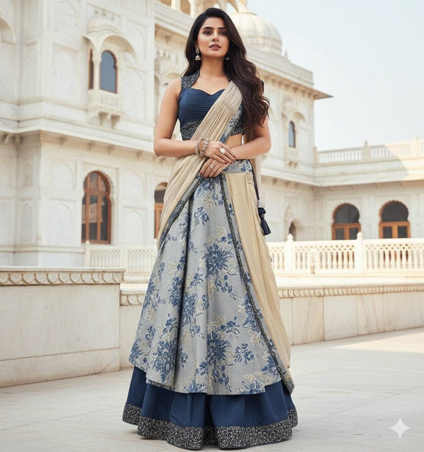 Stunning Blue Floral Saree - Indian Dress House 786