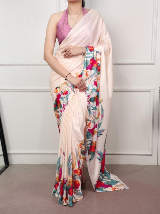 Stunning Cream Pink Floral YNF Saree - Indian Dress House 786