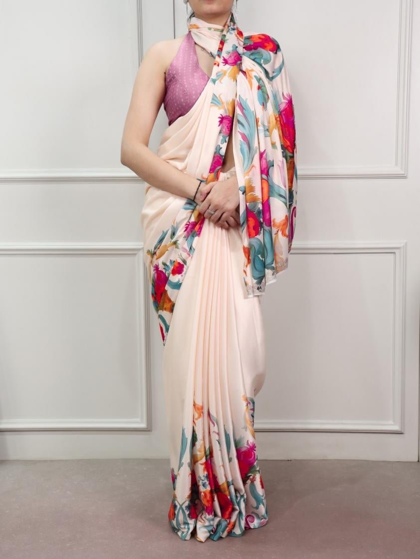 Stunning Cream Pink Floral YNF Saree - Indian Dress House 786