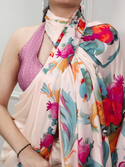 Stunning Cream Pink Floral YNF Saree - Indian Dress House 786