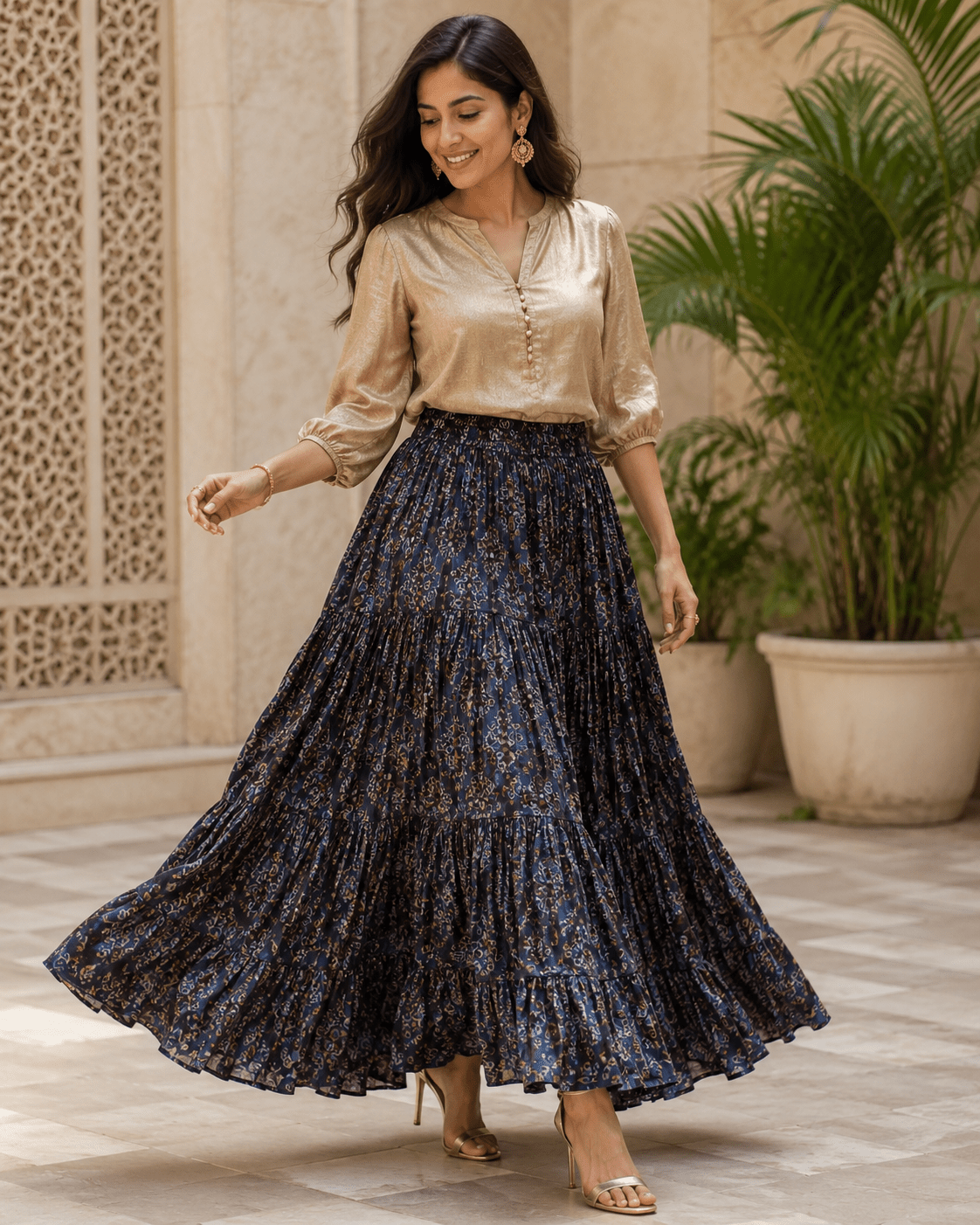 Stunning Dark Blue Floral Skirt - Indian Dress House 786