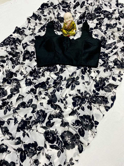 Stunning Floral Black & White YNF Saree - Indian Dress House 786