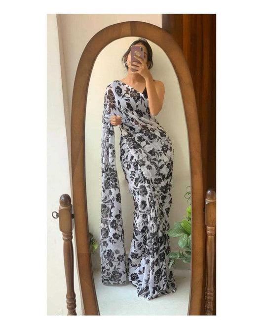 Stunning Floral Black & White YNF Saree - Indian Dress House 786