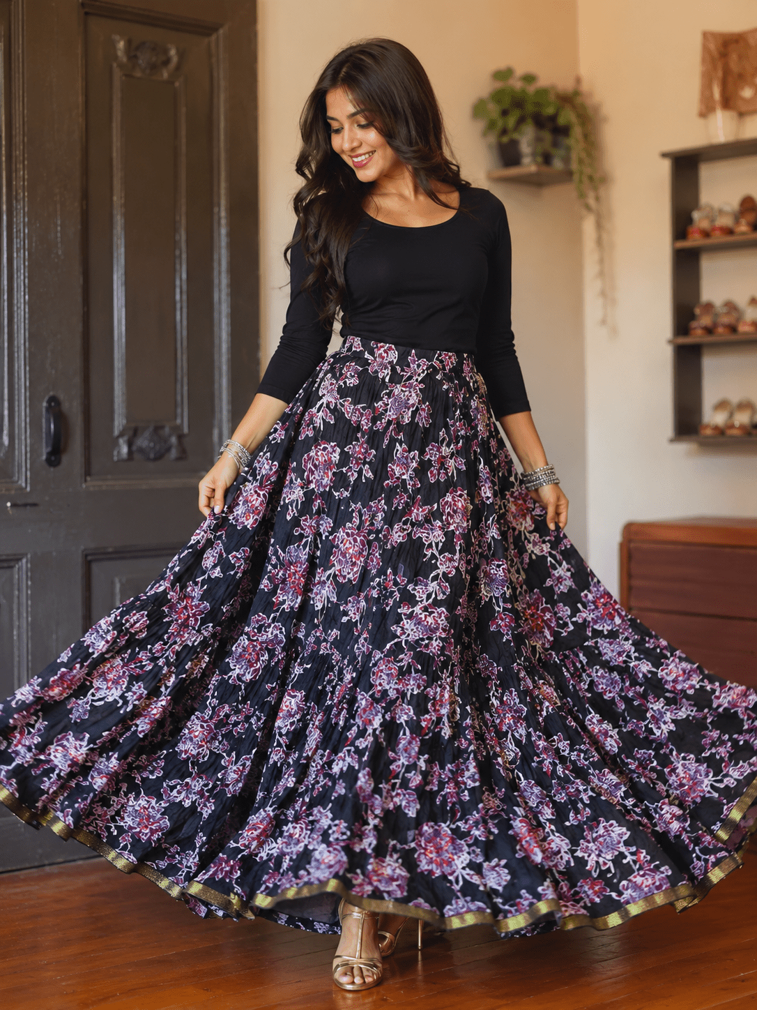 Stunning Floral P Black Skirts - Indian Dress House 786