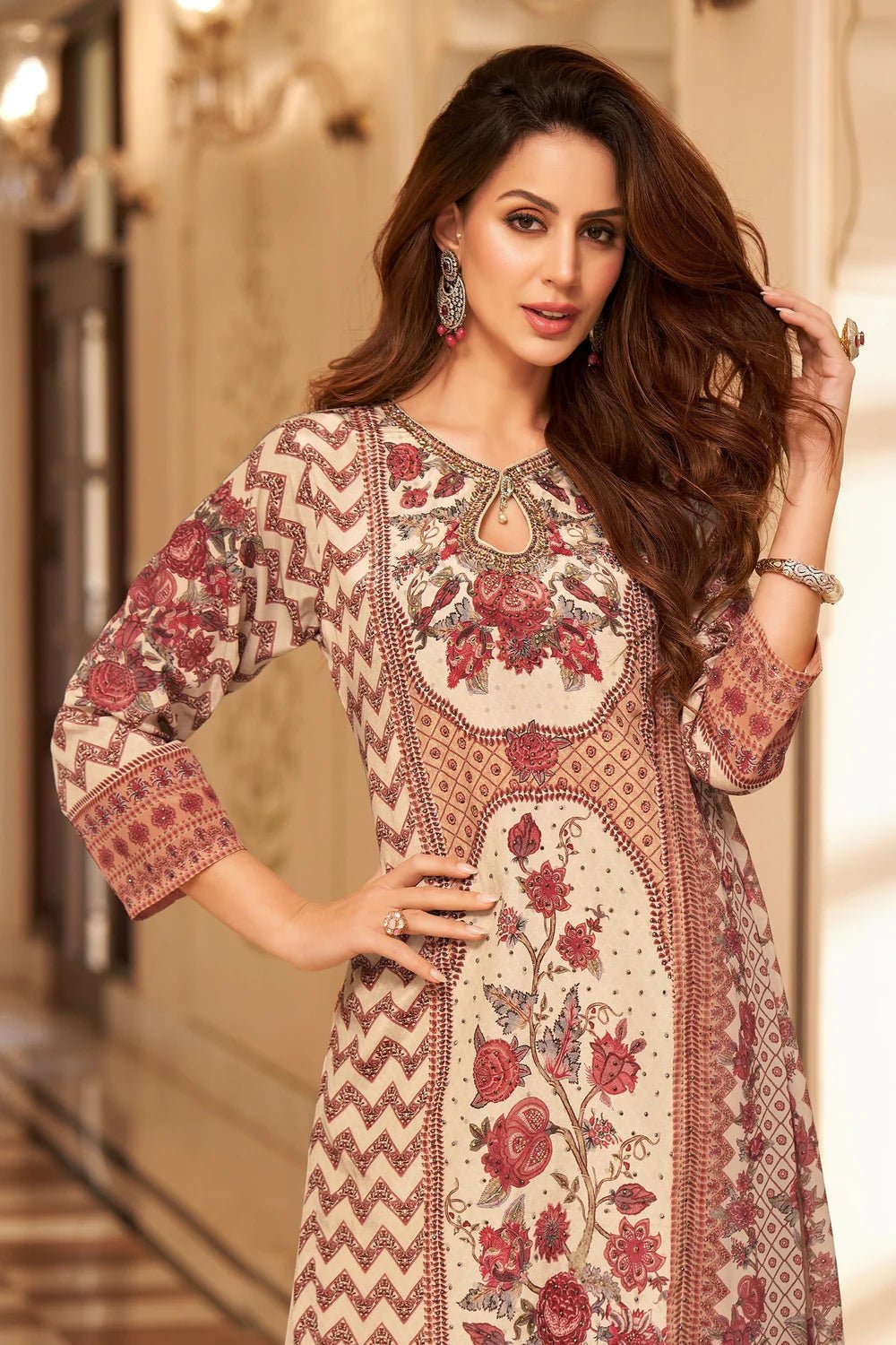 Stunning Floral Rose Beige SHIV - Indian Dress House 786