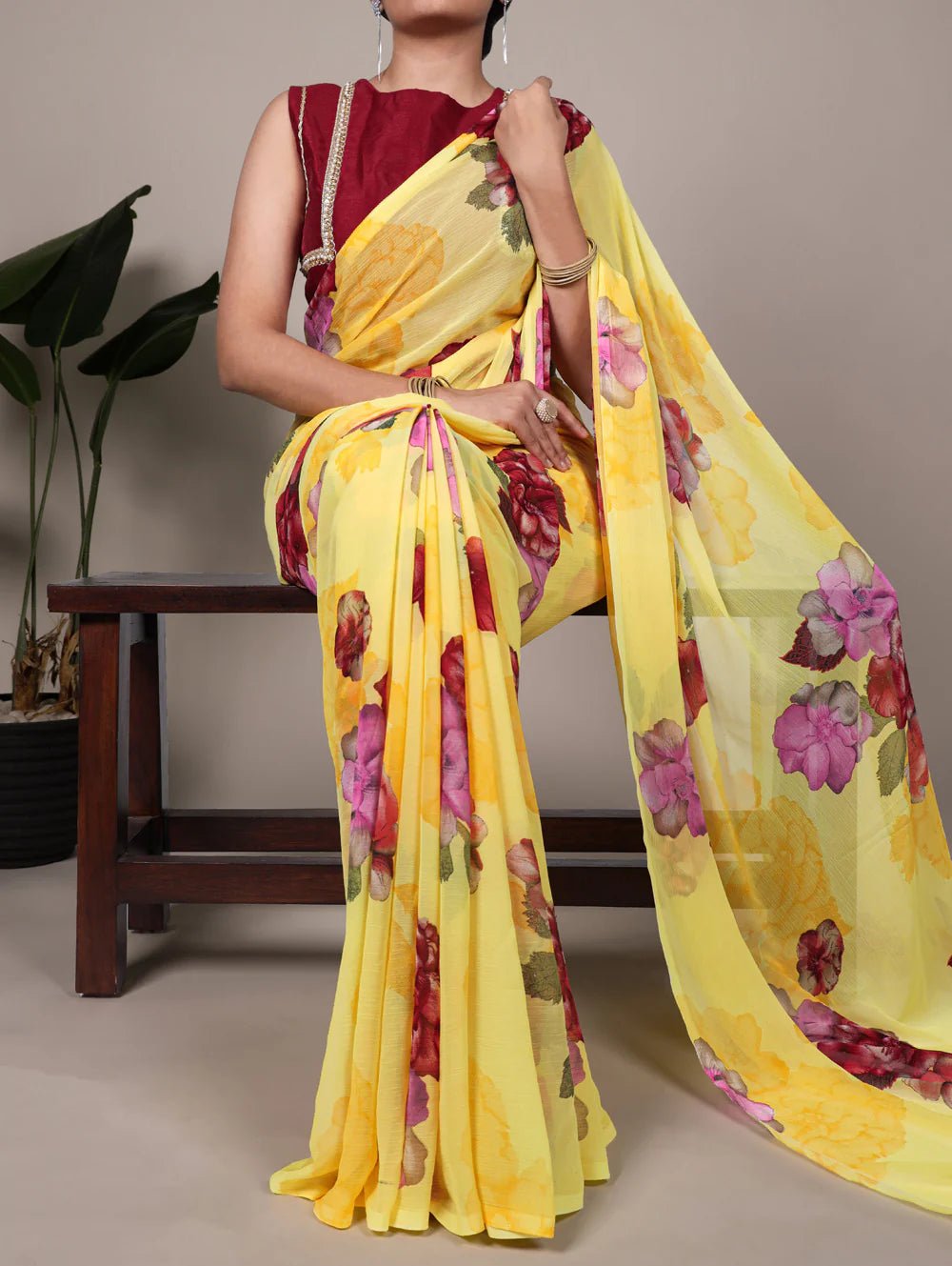 Stunning Floral Yellow YNF Saree - Indian Dress House 786