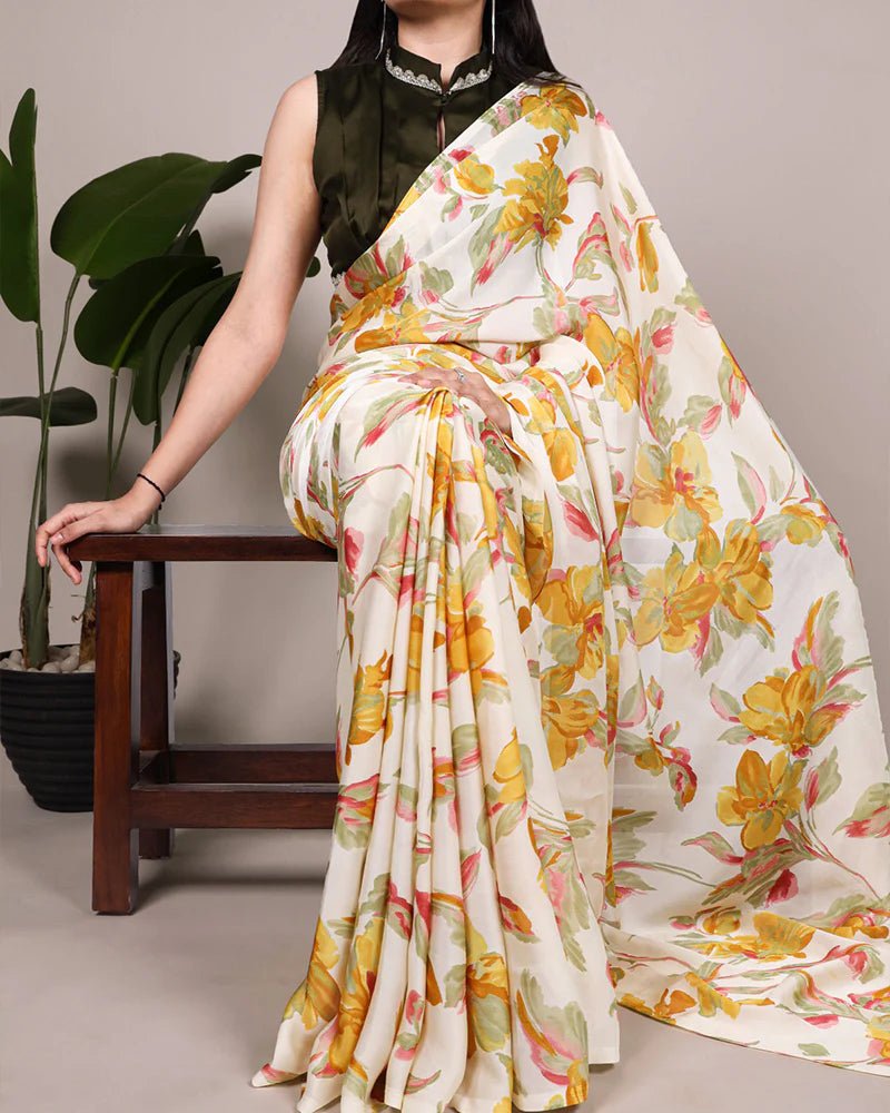 Stunning Floral Yellow YNF Saree - Indian Dress House 786
